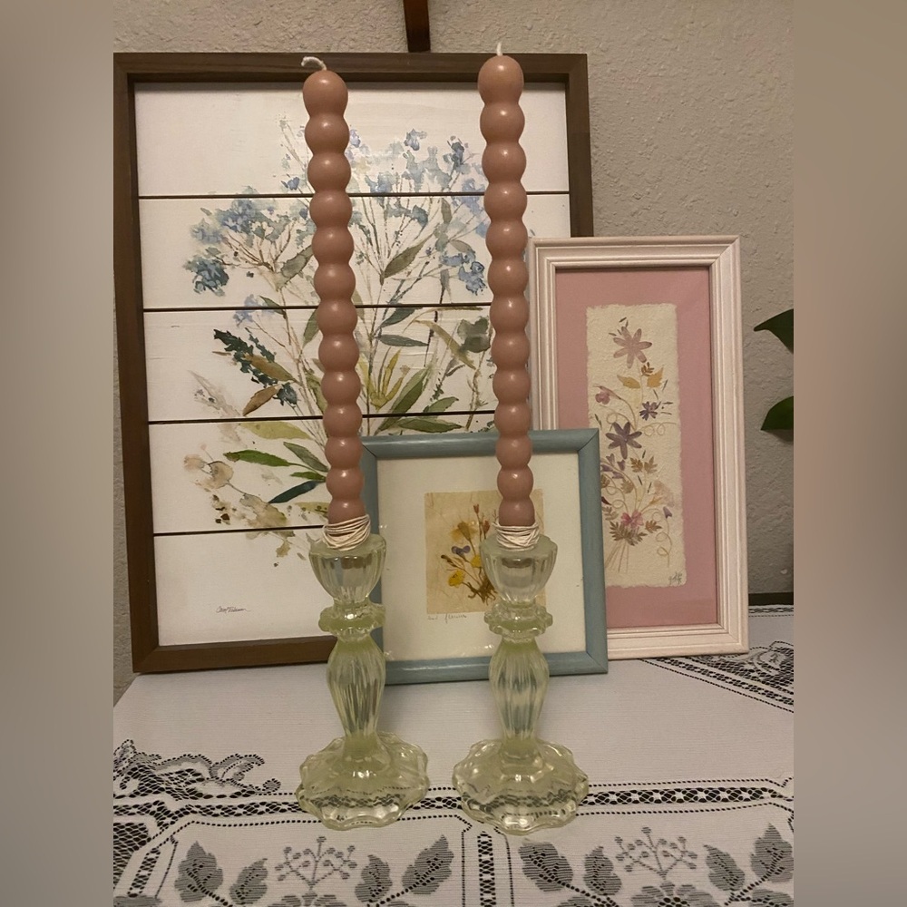 *EUC* Retro Heavy Glass Candle Holders - Soft Clear Yellow - Picture 3 of 6